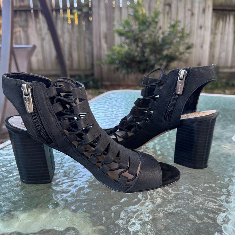 Vince Camuto Briaz Black Leather Cage Block Heel Gladiator Sandals VC-BRIAZ 6M